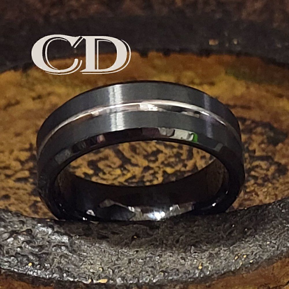 Men's Real Black Tungsten Wedding Ring With A Silver Filled Center Groove